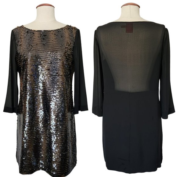 Ali Ro Brown & Black Sequin Shift Dress with Mesh Sleeves & Back - Picture 1 of 4